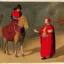 Placeholder: a man dressed in red on a black horse meets a dwarf on the road, medieval style