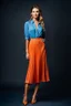 Placeholder: full body of very beautiful lady midi blue pleated skirt and orange bluse , Braided hair ,standing idle happy pose in studio pretty makeup,dark background