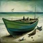 Placeholder: A man, beach, a green and blue boat, some pieces of wood, summer, creepy, odd, Yves Tanguy, surreal