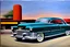 Placeholder: oil paint, 1950s, perfect perspective, night scene, a cadillac in front of a gas station pump, hyper realistic, hyper detailed, intricated, Frank Lloyd Wright,Oscar niemeyer