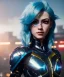 Placeholder: Cyborg anime warrior, light blue hair, yellow eyes, waist up portrait, 8k resolution, intricate details, ornate details, soft lighting, vibrant colors, retroanime, masterpiece, intricate eyeliner, dark eyeshadow, eyes, intricate tattoos, futuristic cityscape background