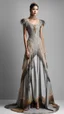 Placeholder: 1mannequin, dress, Philippines national custome dress inspired by carabao, carabao dress, dress displayed on mannequin, beautiful, elegant, full body, full body frame, ultra realistic, aesthetic, light gray, brown and black pastel color