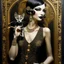 Placeholder: Mixed media, a tall beautiful woman with the head of a Siamese cat, wearing a black dress with pearls and long black gloves, she is holding a cigarette in a cigarette holder, background in the style of art deco Klimt, George Barbier, 3d, Bas relief, encaustic, gold leaf accents. Modifiers: highly detailed elegant dof fantasy portrait very attractive beautiful dynamic lighting 4K 3D crisp quality Unreal Engine very cute cinematic postprocessing pencil sketch Arthur Rackham Surrealism Gustave Kli