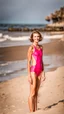 Placeholder: beautiful anorexic woman, standing frontal, full body shot, short shiny triathlon swimsuit, wavy bob haircut, photographed on the beach, raw