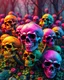 Placeholder: a field of skulls growing from the ground like fungus, multi colored, bright, vivid, psychedelic high detailed, matte, bunches and bubbled up clumps, horrorcore, vines