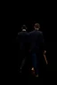 Placeholder: two men walking away. slightly blurry. full body. solid black background