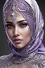 Placeholder: beautiful girl, beauty of Hijab, gorgon, hyper-detailed face, diamonds, diamonds, rubies, girl, beautiful, realistic, professional photo, 4k, high resolution, high detail, close-up, octane rendering, body art, patterns, lavender color, white background , Silver wire wrap art elf fantasy, filigree, dark botanical, ultra detail, HDR