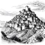 Placeholder: A walled town in a mountain. Pen sketch, black and white. HD