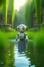 Placeholder: adorable cute chat priest robot with short punk hair and real human reflective eyes, fluffy floating in pond in garden of st. Barbara cathedral, its such a perfect day, motion blur, smoke, 8k, downlight, soft light, depth of field, photorealism, trending on art station, lotsa detail