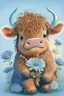 Placeholder: Adorable cute happy baby scottish highland cow with dreamy eyes, sitting down and holding a flower, nursery art, very rendered polished Perfect, smooth edges, flawless Facial Features, Stunning, Whimsical Fantasy, Cute, Highly Detailed, Well Rendered, cartoon, illustration