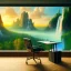 Placeholder: desk, parquet, sheet of paper, little pen, office chair in front of a huge picture window with large view on a waterfall with warm light, sunset ,pixar style, panorama, nature, globe, HD, Hallelujah mountains, view first person