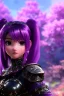 Placeholder: Detailed cute anime Kunoichi girl, purple hair buns, purple bangs, black latex bodysuit, intricate details, full body portrait, keep head in frame, slight smile, black Japanese motif, concept art, highly detailed, digital painting, concept art, sharp focus, illustration, art by Yoji Shinkawa, WLOP and greg rutkowski and alphonse mucha and artgerm and yanjun Chen and Junji ito and Makoto Shinkai, HDR, octane render