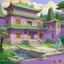 Placeholder: A light purple Eastern palace with a Zen garden and a draconic chameleon painted by Edvard Munch