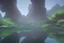 Placeholder: exoplanet, water reflection, rocks, vegetation