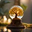 Placeholder: a tree of life inside of a glass-sphere, the tree has decayed from lack of nutrients, goldish light inside the glass-sphere, gold glass-sphere, intricate detailes, micro gold aura, Cinematic lighting, Volumetric lighting, Epic composition, Photorealism, Bokeh blur, Very high detail, Sony Alpha α7, ISO1900, Character design, Unreal Engine, Octane render, HDR, Subsurface scattering