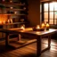 Placeholder: Generate an image of a table with wooden shelves and a warm, inviting atmosphere. The table should be well-lit with soft, natural lighting The background should be slightly blurred.