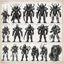 Placeholder: ConceptSheet blueprint [by by Kevin Eastman and Peter Laird]: a grid of sci-fi aligned group of xenomorph armours