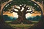 Placeholder: museum quality color woodcut of Yggdrasil, the world tree towering over a circle of ancient Druidic standing stones, in the style of Gustave Baumann, with a fine art aesthetic, highly detailed, finely cut ,8k render