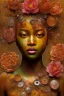 Placeholder: an abstract painting of rusted metal and flowers, african portrait, rust, scaffolding, iron cladding, decay, mixed media, textured, anatomically correct, beautiful perfect face, sharp focus, highly detailed