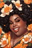 Placeholder: Create a comic book cartoon art style image of a plus size black female looking down with a smile on her face. Prominent makeup with hazel eyes. Highly detailed messy curly bun with a hair scarf tied on her head with large orange magnolia flowers surrounding her. 2k