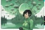 Placeholder: Photo of a skinny woman with a black bob hairstyle, in a green and silver android suit, looking at flying dandelion heads with octopus tentacles looking out over a lake, in an alien forest, with tall narrow cloud trees