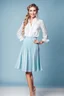 Placeholder: full body of very beautiful lady midi light blue skirt and bluse , Braided hair ,standing idle happy pose in studio pretty makeup