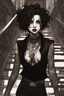 Placeholder: scarred cyberpunk vampire girl with tribal tattoos short curly dark cyberpunk hair descending the staircase in decaying dark mansion on fire