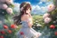 Placeholder: romantic environment heaven flowers clear nice clouds ,young girl gracefully whispering her lovely joy,full body shot.