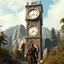 Placeholder: Scene from a modern fantasy action movie featuring the "Garden of Practicality", the Clockwork Forest Realm of Ix Chel, Cyberpunk style. Coloring similar to Lord of the Rings movies. With a hero standing in front of a tower mounting an analog clock.