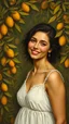 Placeholder: A pretty woman with white dress smiling in a dark yellow olive jungle painted by Henry-Robert Brésil