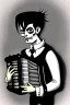 Placeholder: goth male necromancer with black hair playing a accordion in the style of charles addams