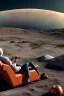 Placeholder: simple scene, Elon musk sitting on the moon on an orange couch, beer in hand ,eating popcorn, looking unamused at planet earth,. selective colours