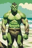 Placeholder: Flat colour, Geometric collage of an green Orc 1930s style Poster. Powerful, bare hairy chested, short hair, muscular physique legs. At the beach.