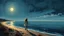 Placeholder: a girl walks along the moonlit foreshore+cretan, gentle cubist, neo-romantic+hyper landscape, complex detail, very realistic, art by John Craxton