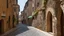 Placeholder: cobbled street with buildings and shops cut from rock, over hanging cliff face, arches, and bridges