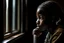 Placeholder: An 11-year-old girl looks out of a window inside the classroom, her hand is not visible, dark-skinned