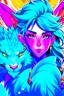 Placeholder: A dragon mixed with a mythical lion and a human female elf.Dramatic and powerful look and feel. Extensive attention to details. Bold lines. Vivid colors. 80s style retro anime art. Double exposure. cartoon style. cubism style