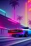 Placeholder: heckansicht dodge challenger fährt auf einem highway richtung horizont,miami vice, miami, neon ligths,chrome, synthwave, retro, high detailed,unreal engine, octane render, photo realistic, viele palmen,