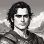 Placeholder: A portrait of Joaquin Phoenix in his early 30s, long beachy haircut, black hair, on a rocky island, in ebony armor from Skyrim, melancholic and dangerous facial expression, half-smiling, drawn in the style of ink manga sketch