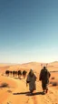 Placeholder: The pilgrims walking in the desert with caravans