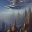 Placeholder: Steampunk scene of futuristic Liberty Statue NY,galaxian fantasy airships flying over San Francisco Bridge in a cloudy sky,Giant sci-fi super-panzer in the style of John Berkey