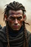 Placeholder: dungeons and dragons human male fathomless warlock, dark tanned freckled skin, braided caramel brown hair, hazel eyes, soft facial features, wears clothes made for desert travel, portrait