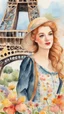 Placeholder: Anne Shirley, summer, pretty face, beautiful flowers, Eiffel Tower in the background, flowers, colorful, watercolor, watercolor painting, beautiful painting, watercolor detailed art, post card