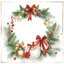 Placeholder: Christmas minimal background, with scattered bells, wreaths, ribbons, presents and ornaments around the frame of the image, gold, red and green tones, style is like watercolor painting, white background