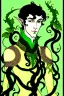 Placeholder: young half-Elf nobleman with green thumbs and 2 vine-like tentacles with black hair and green eyes and green thumbs with claws in the style of Aubrey Beardsley