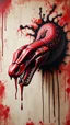 Placeholder: Bosch style painting , A 3D snake head out of red and black bloody wall