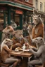 Placeholder: Wild animals dressed as humans eating at tables in a cafe street scene