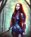 Placeholder: beautiful girl, red long hair, corsage, smile, blue eyes, sehr große oberweite, kriegerin im wald, abend, fantasy art