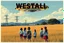 Placeholder: bumper sticker design, stange large flat ufo, in bold heading text "WESTALL 1966", lots of school children looking up in a field, high voltage powerlines and gumtree's in distance, mysterious summer vibe, bold, story book style