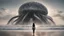 Placeholder: Wide-angle shot of a woman, standing to one side on a beach with huge waves, with dark hair in a silver robotic catsuit, many gigantic flying jellyfish with tentacles floating above her, masterpiece, best quality, super detailed